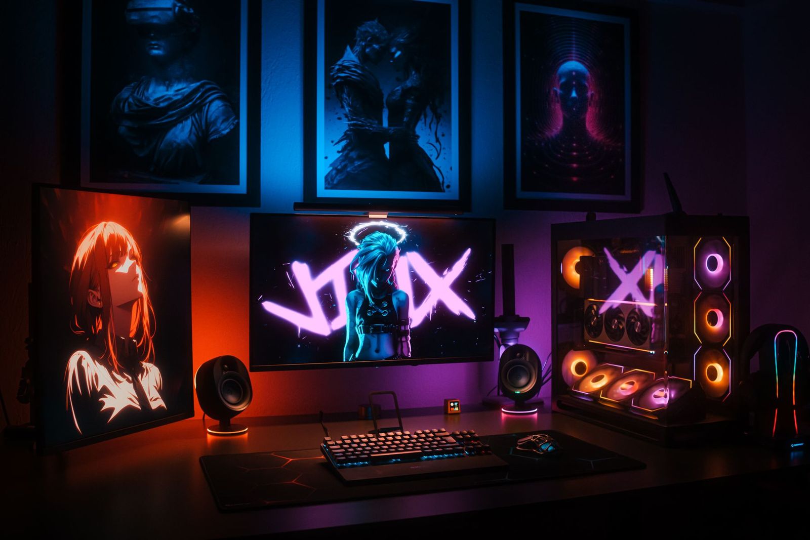 ネオンライトとディスプレイ、自作PCが並ぶゲーム部屋